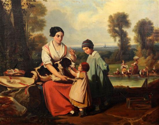 F. Nourrisson Mother and children with a pointer, washerwomen beyond 25 x 31.5in.
